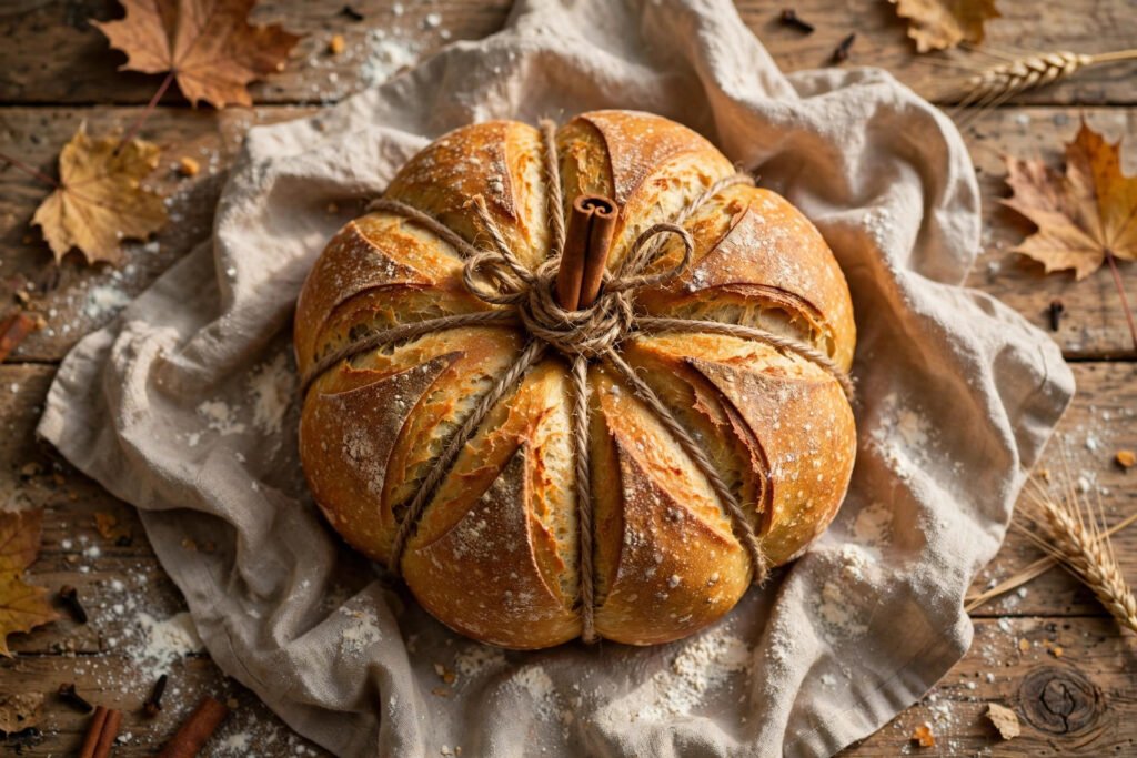 Pumpkin-shaped sourdough loaf tied with twine, with a cinnamon stick stem