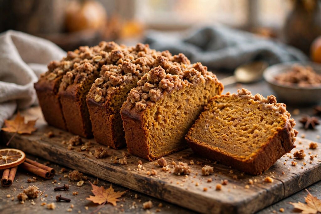 Sliced sourdough discard pumpkin bread with cinnamon streusel