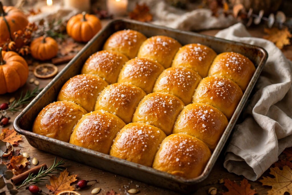 Golden sourdough pumpkin dinner rolls brushed with salted maple butter