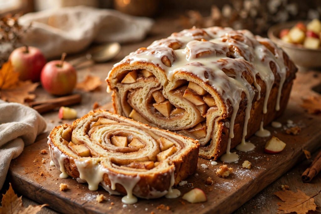 Sourdough apple fritter bread with vanilla glaze, sliced to show apple layers